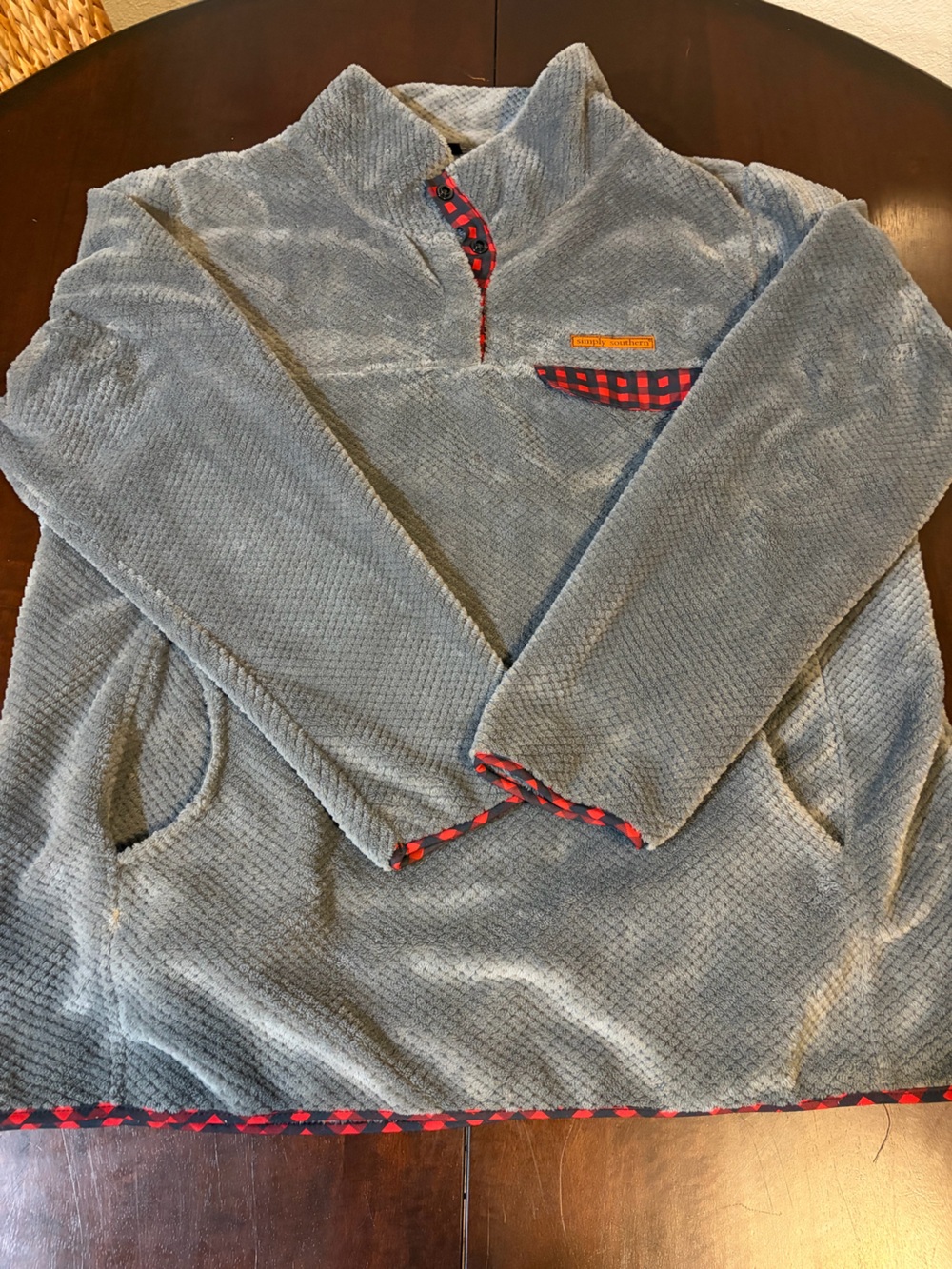 Simply Southern Steel Blue Plush Quarter-Zip Pullover with Red Plaid Trim